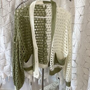 Open-Knit Two-Tone Olive & Cream Cardigan